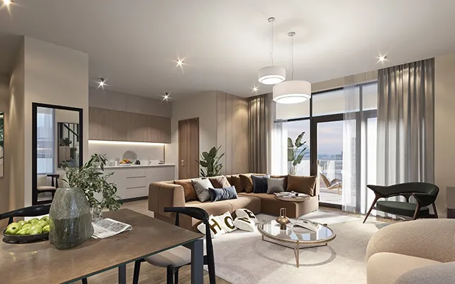 Two bed interior with dining table and lounge