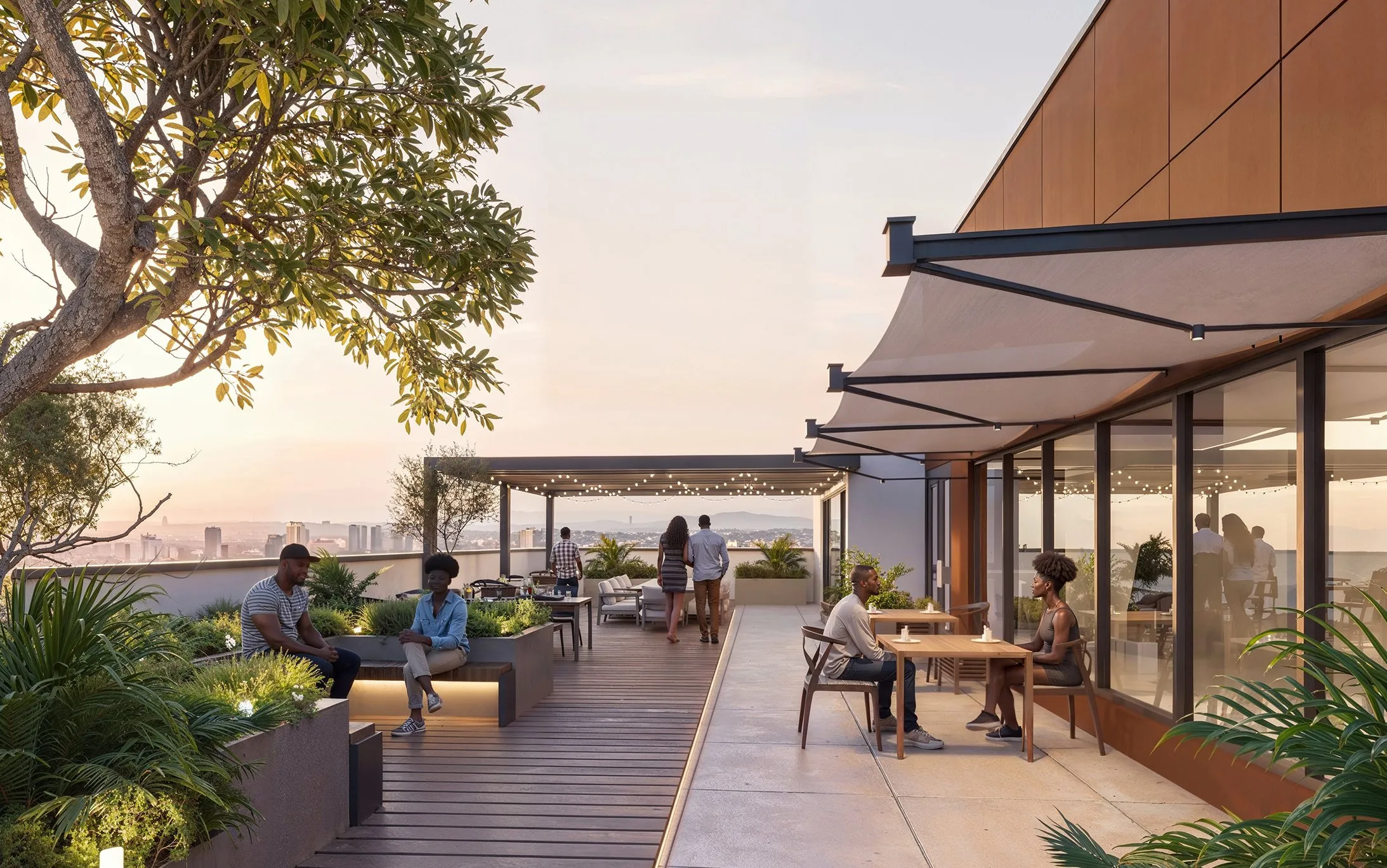 Rooftop co-working space and cafe terrace