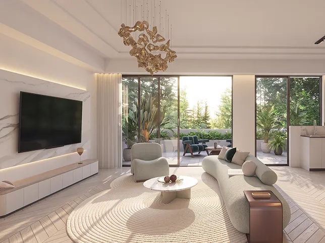 Duplex lounge with media wall opening onto a private terrace